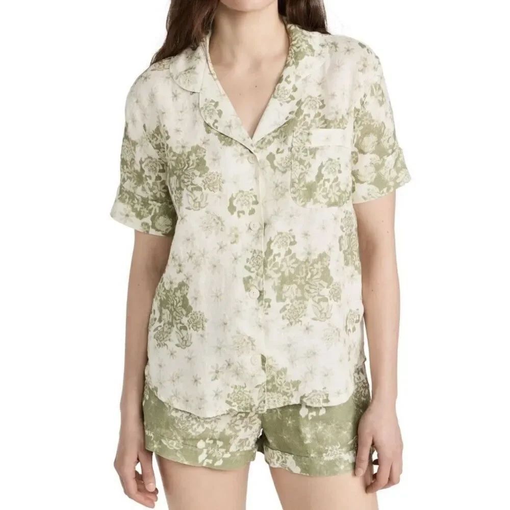 DESMOND & DEMPSEY Short Sleeve Pj Set XS Flowers Of Time Linen Sage Green NWT